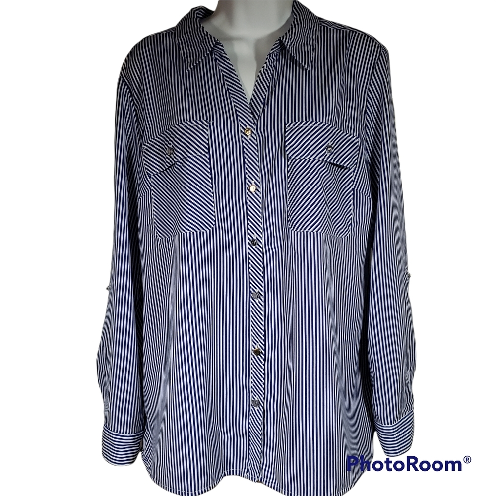 NWOT Notations blue & white striped, long sleeved button down blouse  si…